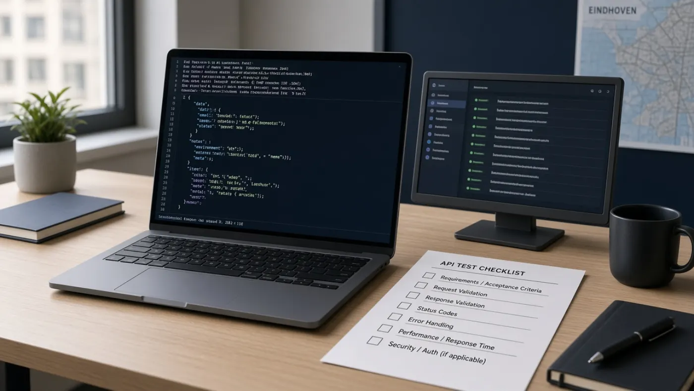 Tester controleert API-responses op een laptop tijdens een API-testmodule in Eindhoven