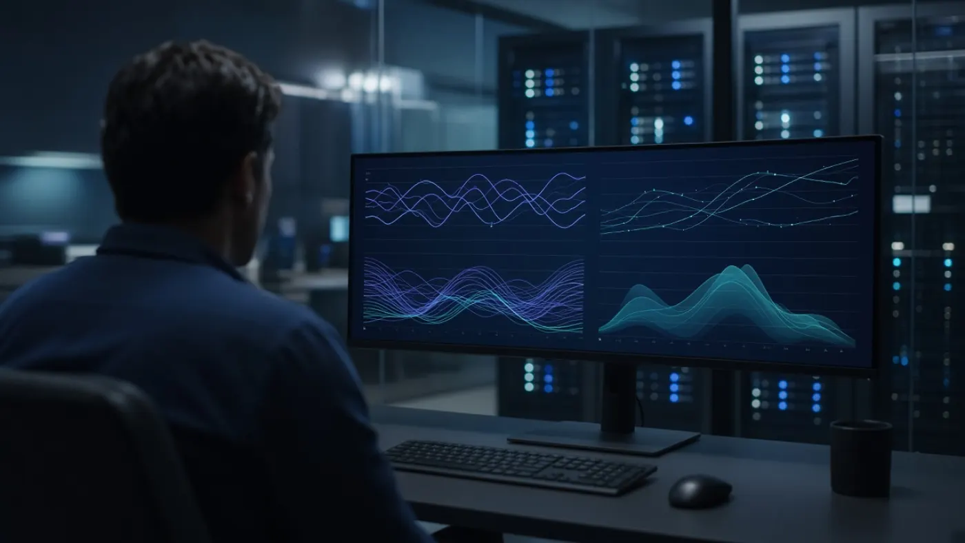 Latencygrafieken op een breed scherm tijdens een performance testmodule in een lab in Eindhoven