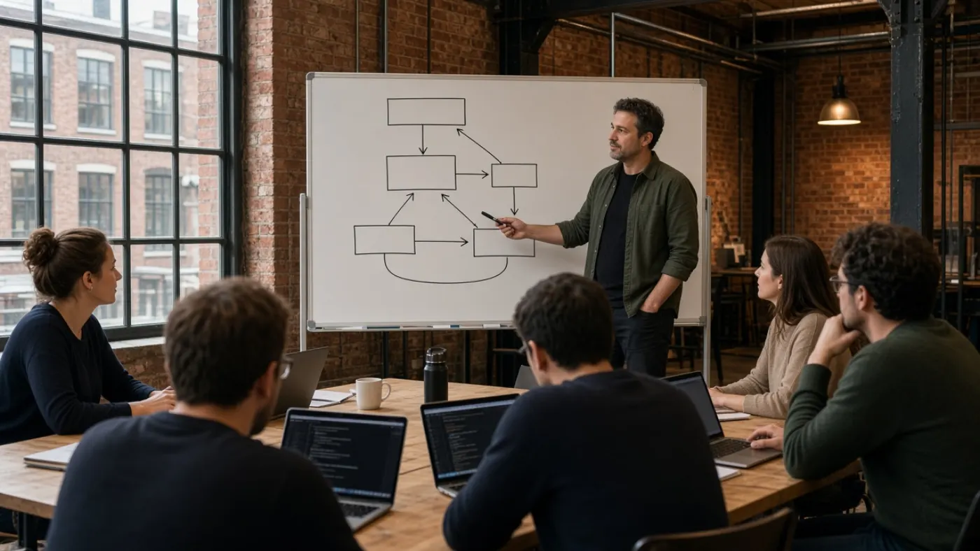 Trainer licht een testproces toe op een whiteboard tijdens een software testen opleiding in Eindhoven